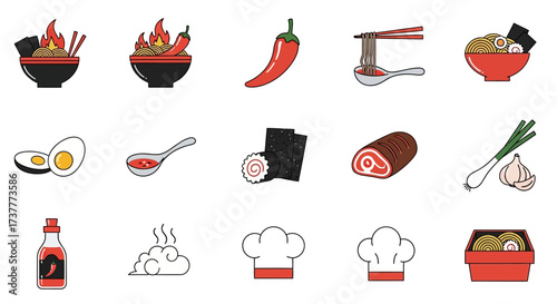 Japanese Food Icons Featuring Ramen Noodles and Ingredients.