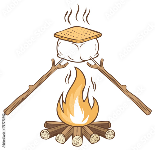 Toasted marshmallow and graham cracker s'more roasting over a campfire