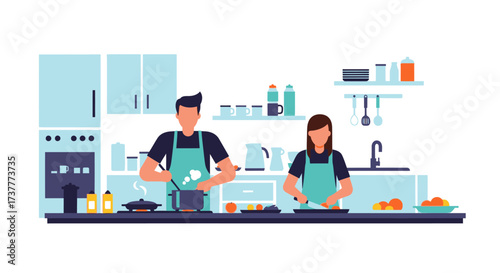 Man and Woman Preparing a Meal Together in Aprons.