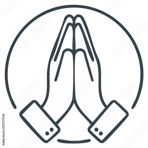 Hands in prayer gesture line art icon expressing spirituality, respect, and gratitude in a circular frame