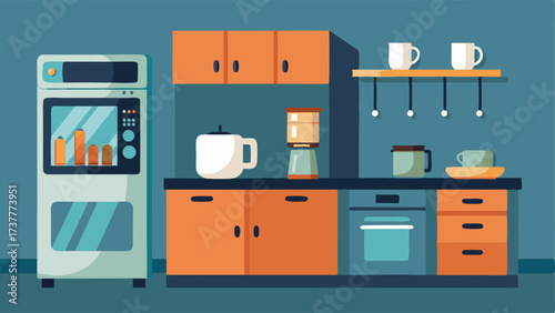 A modern kitchenette with a coffee maker mini fridge and microwave for students to refuel during long art sessions.