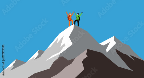 Mountain climbers celebrate success reaching summit top achievement.
