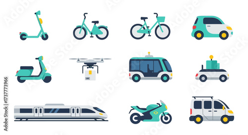 Modern Transportation Set with Electric Vehicles and Drones.