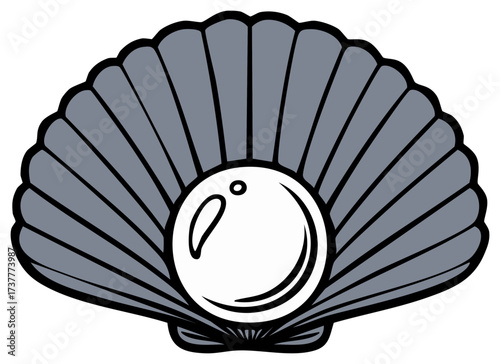 Illustrative Gray Scallop Shell with Single White Pearl on Display in Center of Shell