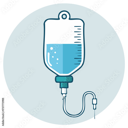 Medical infusion bag with blue liquid and tubing connected to a needle