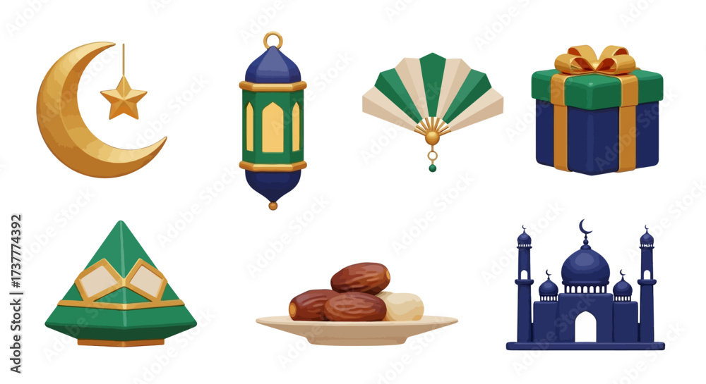 Fototapeta premium Ramadan Elements - Crescent Moon, Lantern, Fan, Gift, Pyramid, Dates, and Mosque.