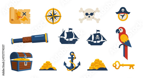 Pirate treasure map compass skull and crossbones ship parrot anchor and gold.