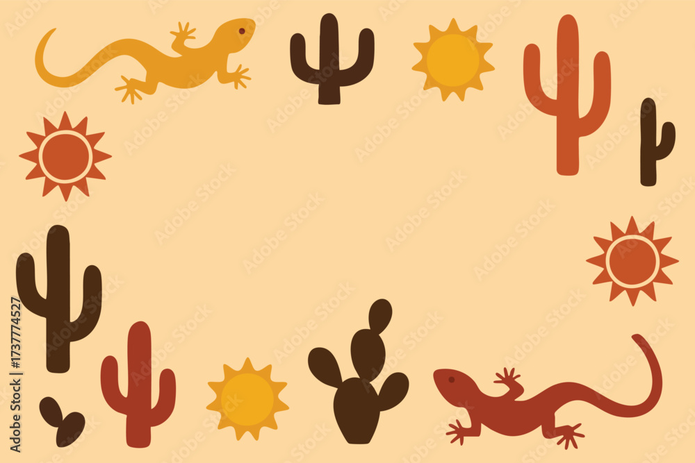 Fototapeta premium Desert border with cacti suns and lizards
