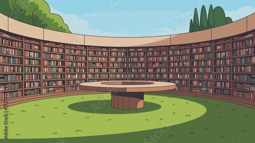 A cartoon library with curved bookshelves and a round table in the center on a grassy area outdoors