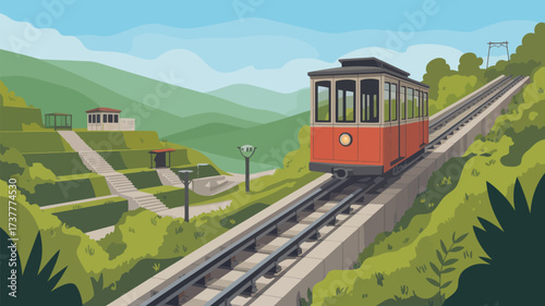 A funicular ascends a hill with terraced gardens and buildings under a partly cloudy blue sky