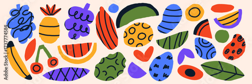 Fun collage with tropical doodle and organic form. Scribble looks quirky, scrapbook-like, cubist and weird. Modern trendy rough random scrap naive abstract shapes complete it.