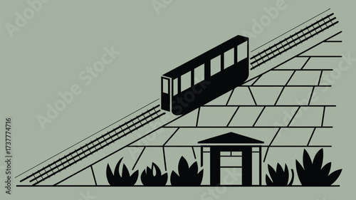 Illustration of a funicular railway car ascending a steep incline towards a station building and foliage