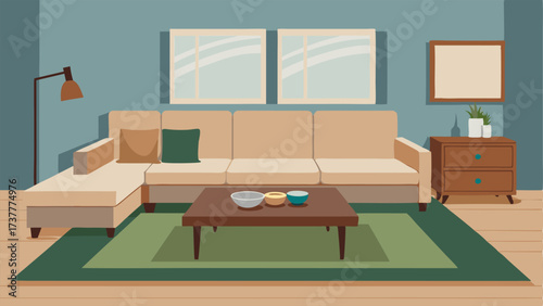 A media room with a large sectional sofa covered in a textured fabric a jute rug and a wooden coffee table.