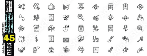 Agricultural Beekeeping and Pollination Icons Set.  These Vector Line Art Collection, honeycombs, flower, hive, apiary, beekeeper, honey, pollination, agriculture, farm, nature, insect, apiarist shape