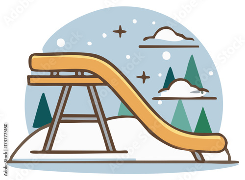 Cozy Winter Landscape Illustration with a Sledding Ramp and Falling Snow