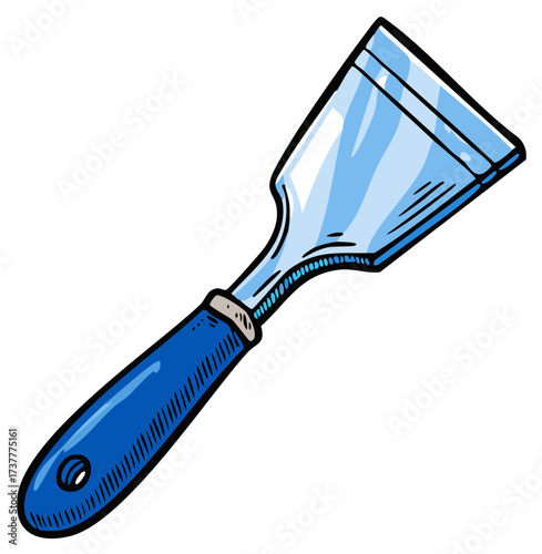 Illustration of a blue handled scraper tool with a shiny metal blade on a white background