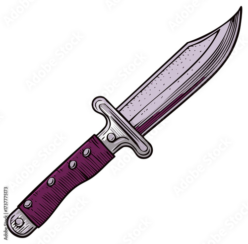 Vintage combat knife illustration with a purple handle in a hand-drawn style