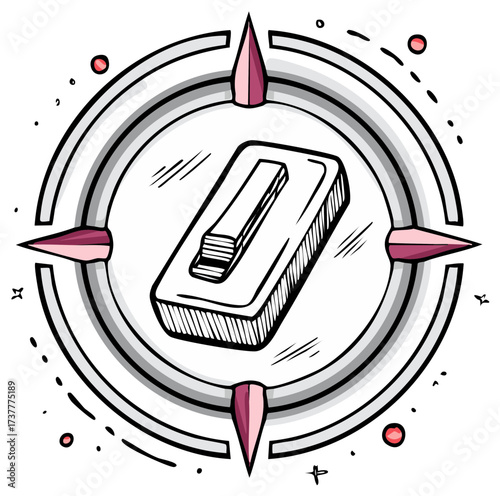 Hand drawn compass with a rubber stamp symbolizing official direction and approval