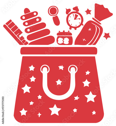 Red gift bag full of baby toys and presents vector icon for a newborn celebration or baby shower