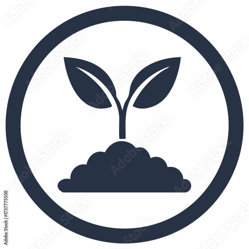New plant life concept inside circle visual, simple icon of growing plant from soil, eco symbol of growth, agriculture, and new beginnings