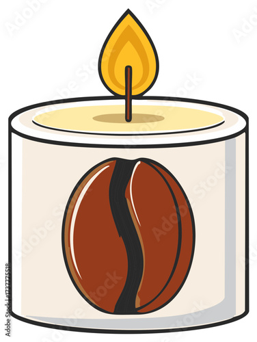 Decorative candle with a large coffee bean illustration on its surface and a lit flame
