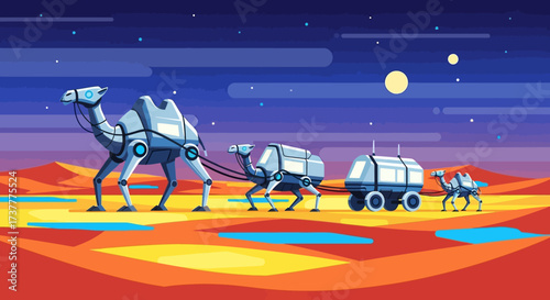 Futuristic Camel Caravan on a Martian Landscape, Science Fiction Concept.