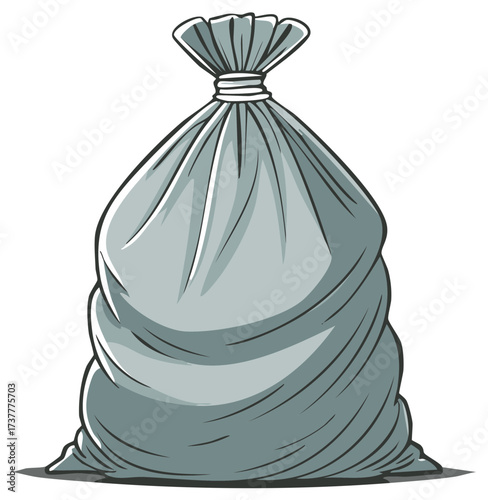 Full Gray Trash Bag Tied Closed Showing Bulges and Wrinkles on a Flat Surface