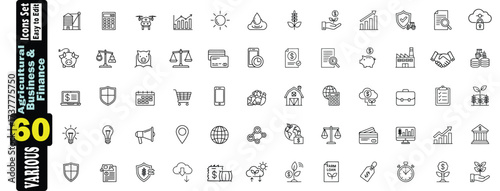 Agricultural Business and Finance Icons Set.  Vector Line Art Collection of agriculture,  business, finance, farming, money, investment, growth, tractor, farmer, barn, crops, economy, banking shapes. 