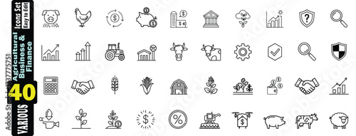 Agricultural Business and Finance Icons Set. Vector Line Art Collection agriculture, business, finance, farming, money, investment, growth, tractor, farmer, barn, crops, economy vectors illustration. 