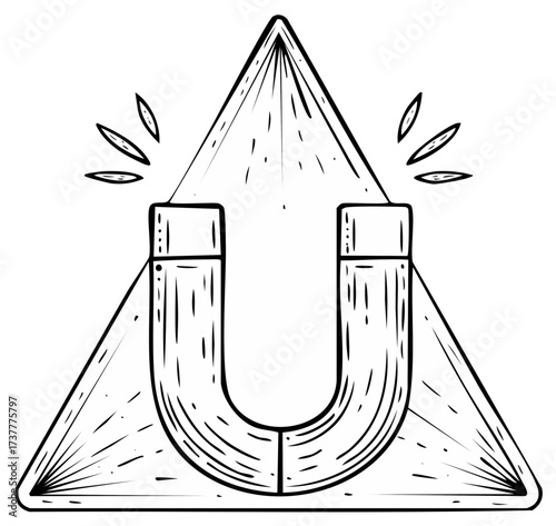 Magnet power in triangle contour, black and white attracting doodle for science and energy concepts