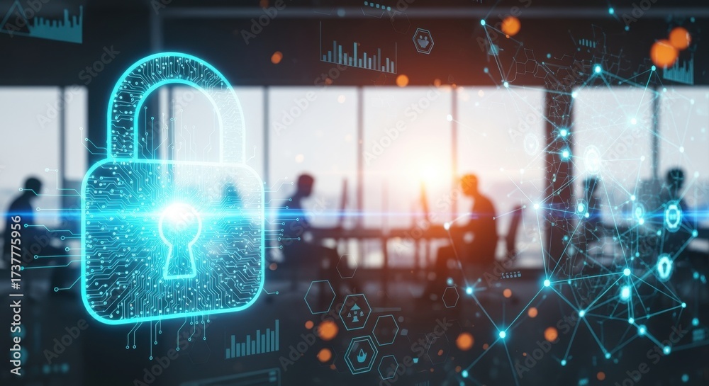 Obraz premium A futuristic digital security concept, featuring a glowing padlock icon and data visualization elements. The image conveys the idea of cybersecurity, data protection, and technological advancements.