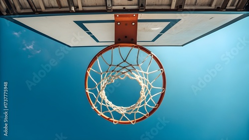 Reach new heights striving for success with a basketball hoop against a vibrant sky, perfect for motivational sports or fitness campaigns