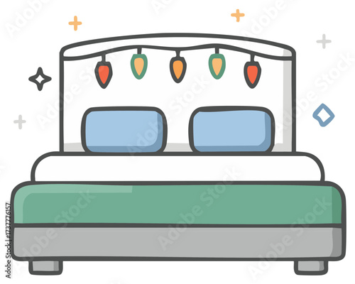 Holiday bed with christmas lights, cartoon style vector for festive designs, cozy and decorated for seasonal enjoyment