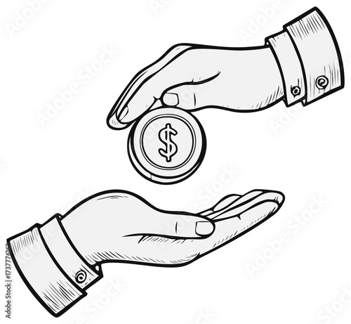 A hand gives a dollar coin to an open palm in a black and white illustration
