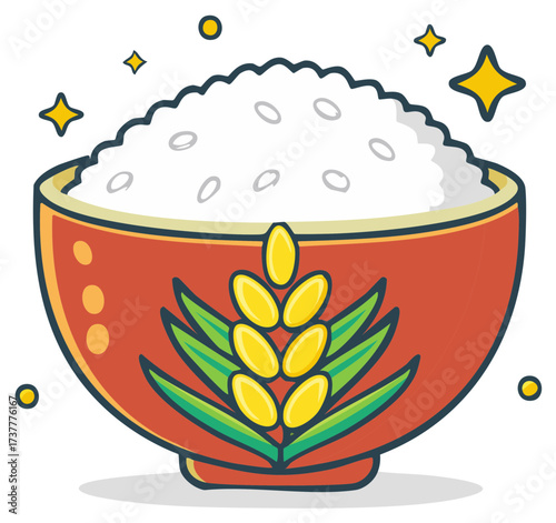 Cartoon Illustration of Bowl of Rice with Wheat and Sparkle Accents