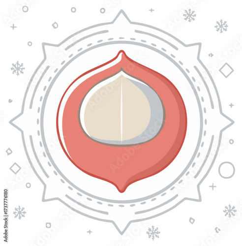 Stylized abstract symbol of a halved macadamia nut with snowflakes and geometric patterns