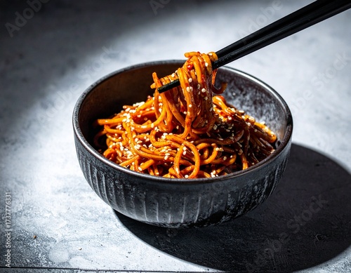 Spicy Asian stir-fry noodles with sesame in a black bowl on a dark background