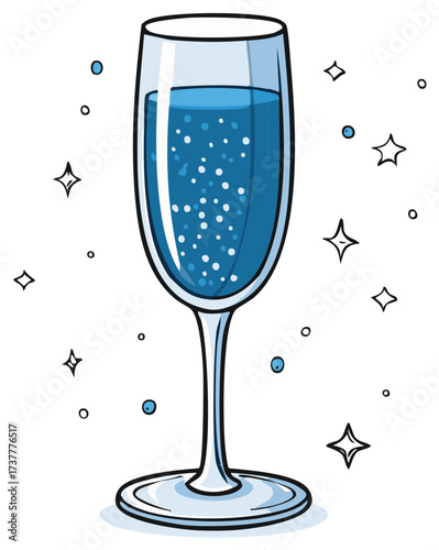 Cartoon champagne glass with a blue sparkling drink and festive stars