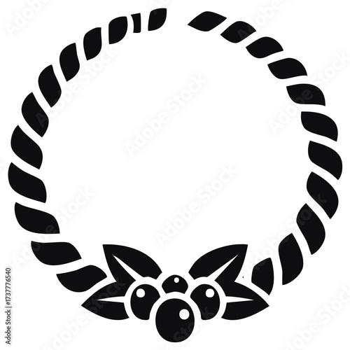 Simple Black and White Holiday Wreath with Holly Berries and Leaves Illustration