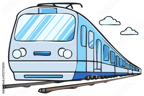 Modern blue commuter train cartoon illustration on railroad tracks