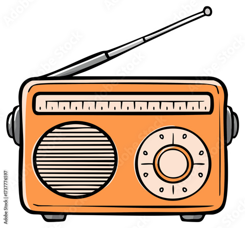 Vintage portable orange radio with antenna hand drawn cartoon illustration