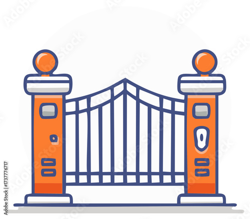 Colorful cartoon entrance gate with sturdy orange pillars doodle illustration