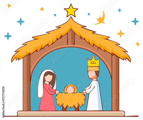 Christmas Nativity scene illustration with a family and newborn baby in a manger stable under a star