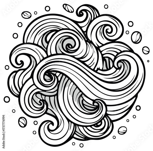 Monochrome flowing organic shapes evoking coffee steam and aroma with beans