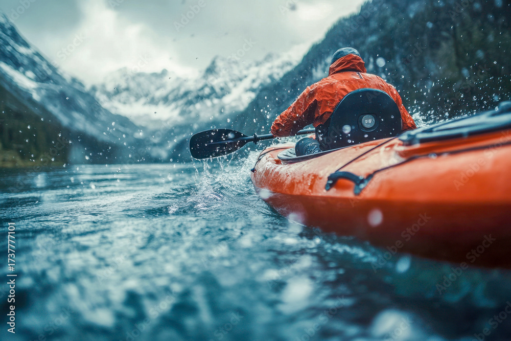 Naklejka premium A person in a bright orange jacket paddles a kayak on a tranquil lake, with mountains looming in the background and rain splashing on the surface