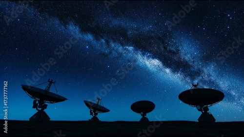 Large satellite dishes rotate, searching for signals from outer space, beneath the breathtaking expanse of the milky way galaxy on a clear night
