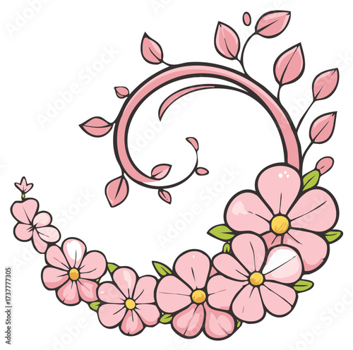 Floral design element features pink blossoms and delicate leaves arranged in a curved vine illustration art