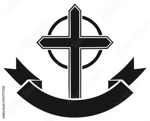 Christian cross on banner with halo. Church sign, faith symbol. Baptism concept. Religious background.