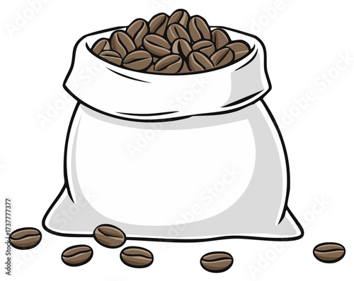 Full coffee beans bag isolated. Roasted coffee beans in sack with scattered beans on the ground.
