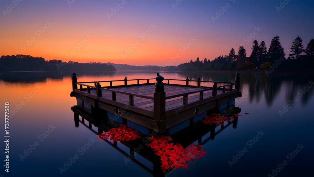 Fototapeta premium Wooden pier on a lake at sunset with colorful sky view